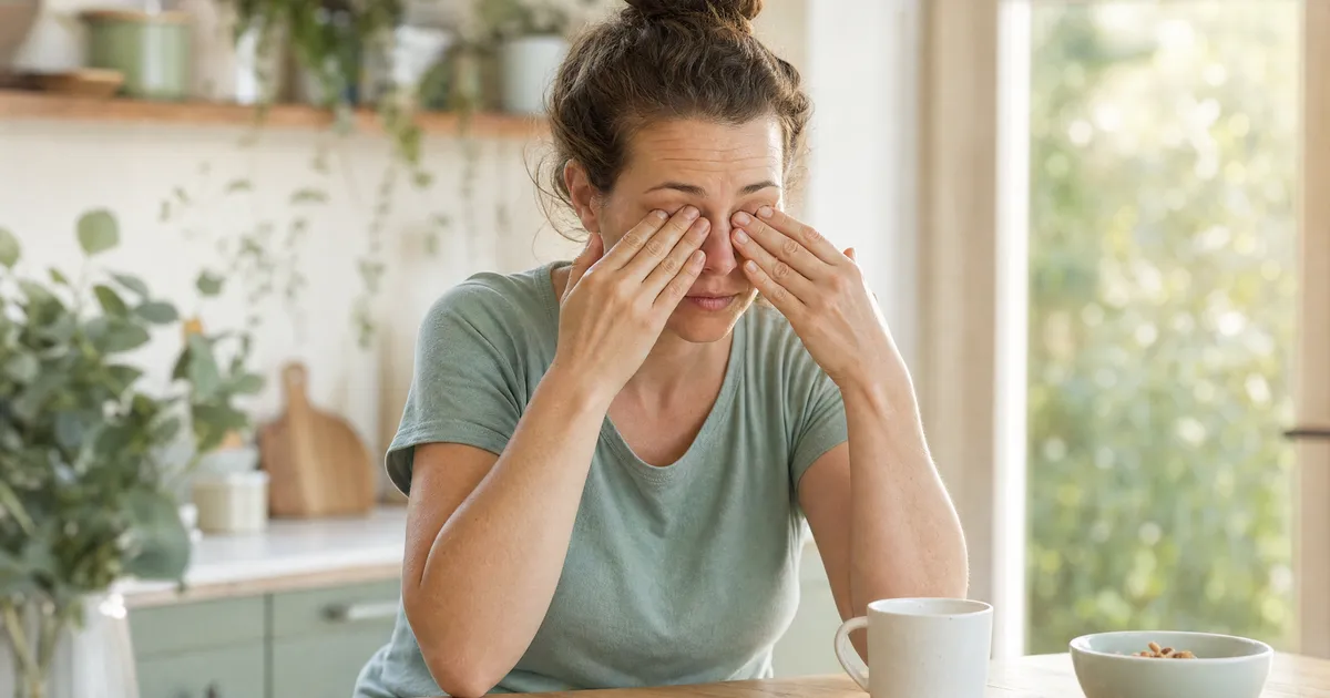 A person rubbing tired, watery eyes at their kitchen table