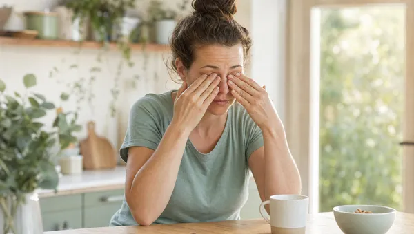 A person rubbing tired, watery eyes at their kitchen table