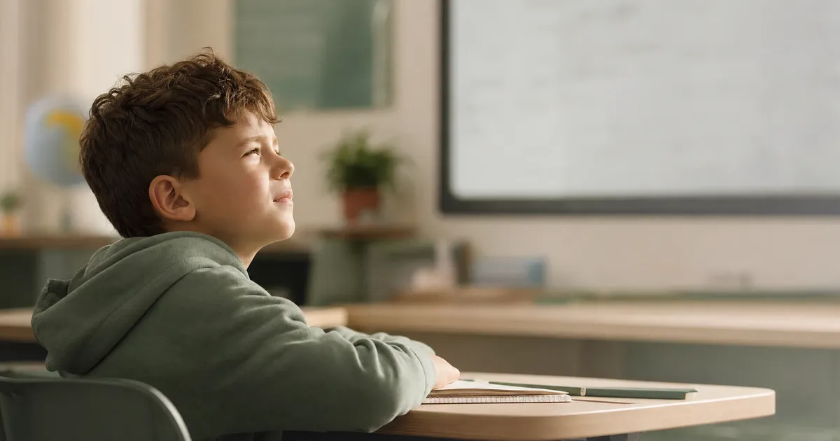 A child at a school desk looking toward the whiteboard