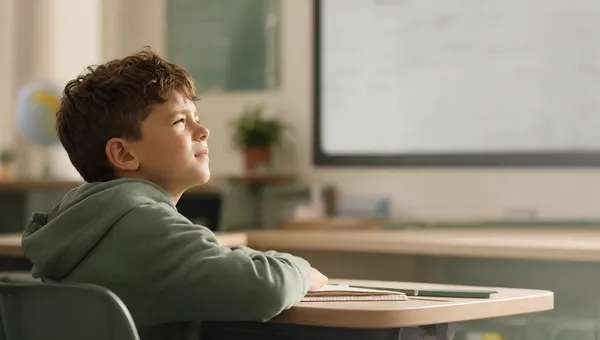 A child at a school desk looking toward the whiteboard