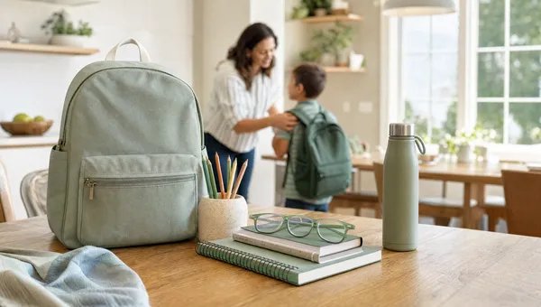 A backpack, notebooks, and glasses laid out for back to school