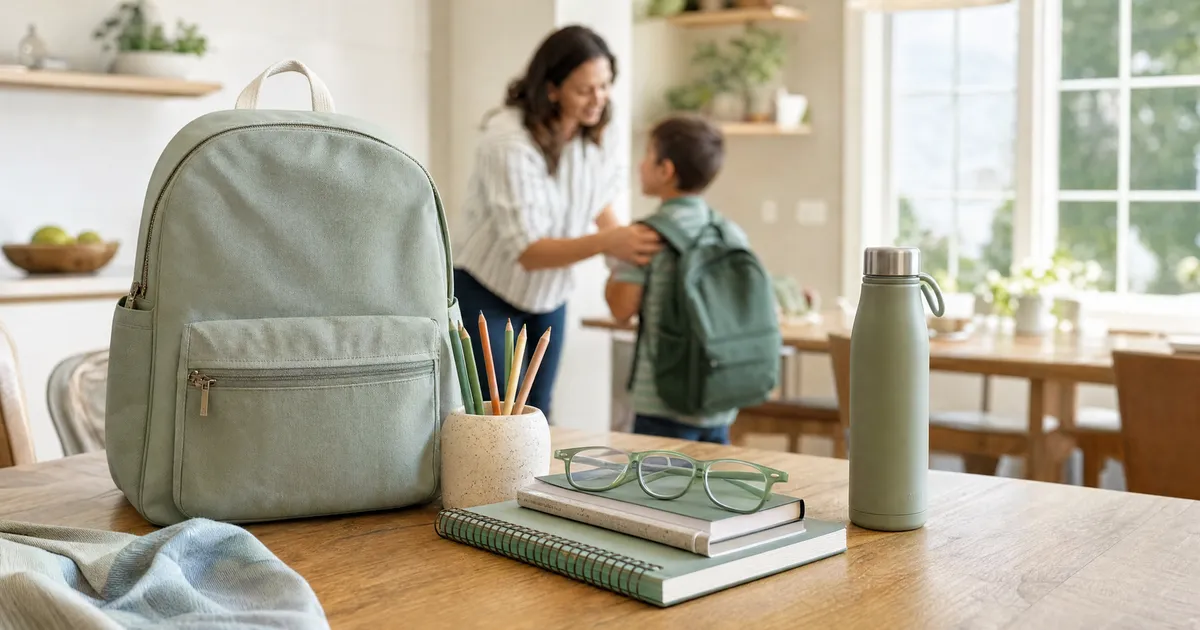 A backpack, notebooks, and glasses laid out for back to school