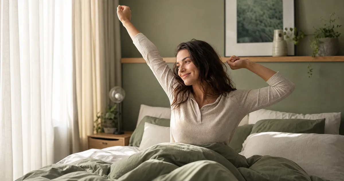 A person waking up refreshed with clear vision, no glasses needed