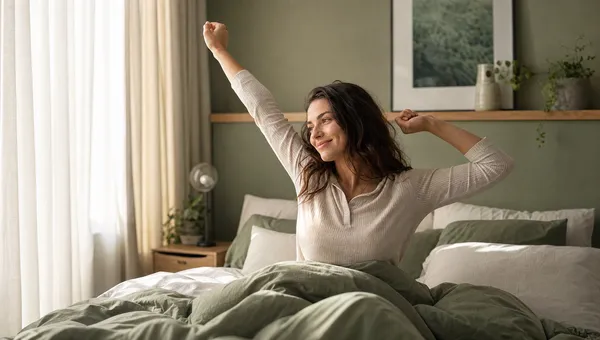 A person waking up refreshed with clear vision, no glasses needed