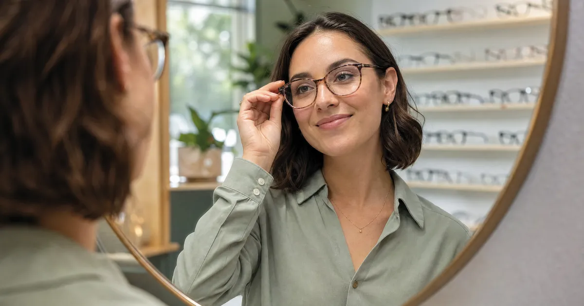A person trying on glasses frames in front of a mirror