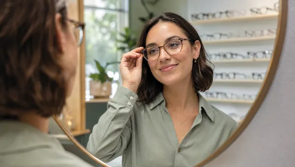 A person trying on glasses frames in front of a mirror