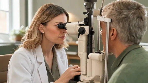An optometrist performing a routine eye exam