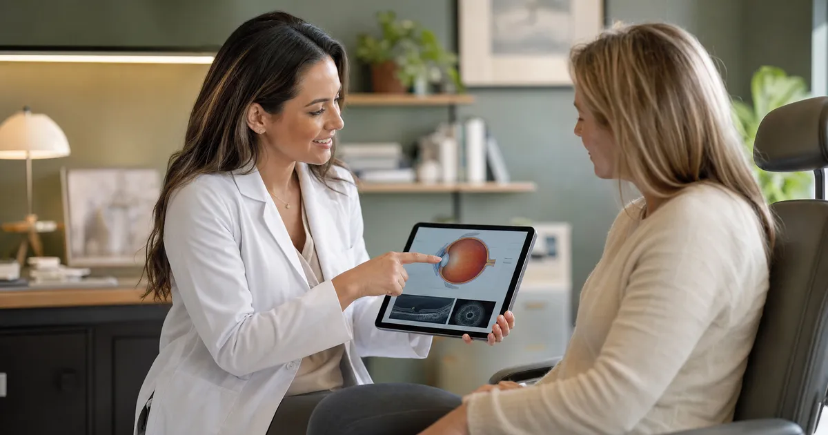 An optometrist reviewing results with a patient in consultation