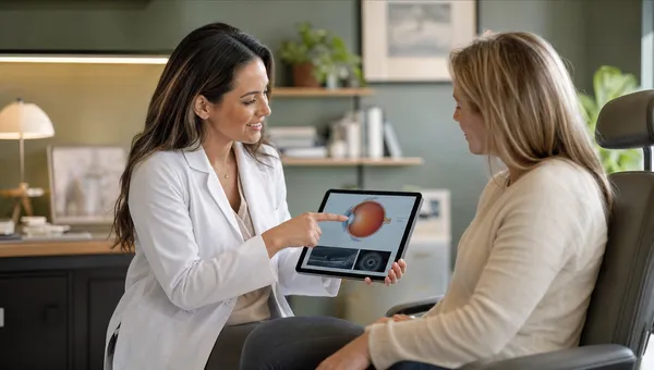 An optometrist reviewing results with a patient in consultation