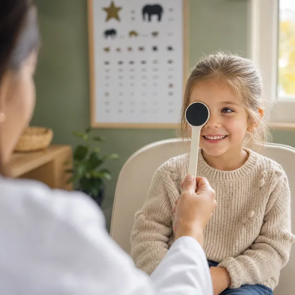 A young child having a children's vision assessment