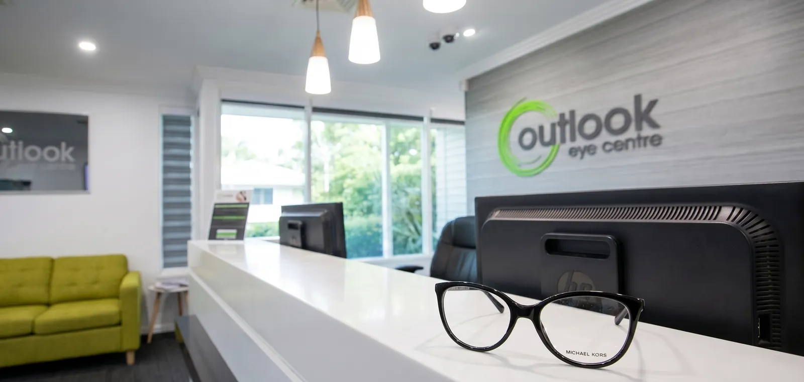 Michael Kors eyeglasses on the reception counter at Outlook Eye Centre