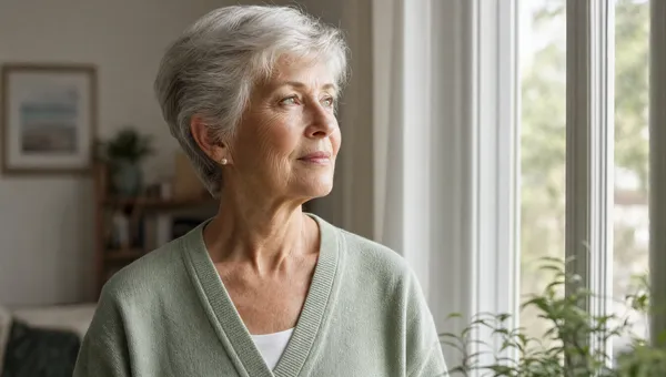 An older adult looking thoughtfully out a sunlit window