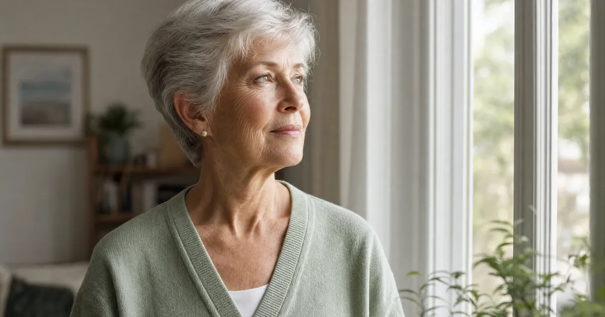 An older adult looking thoughtfully out a sunlit window