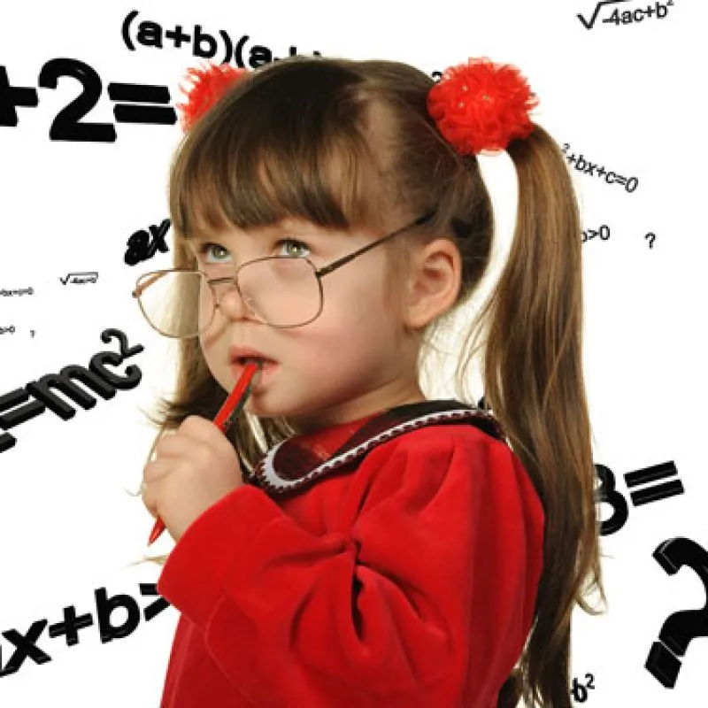 A young girl in oversized glasses chewing a pencil in front of maths equations