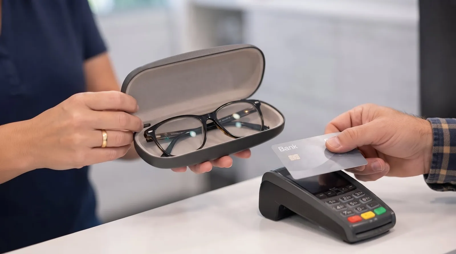 A staff member holding open a case with new glasses while a patient taps a card on the HICAPS terminal at the Outlook Eye Centre counter