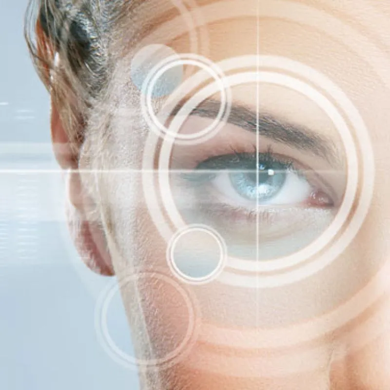 A close-up of an eye overlaid with focus-target rings