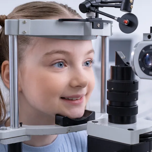 A young girl having her eyes examined at a slit lamp