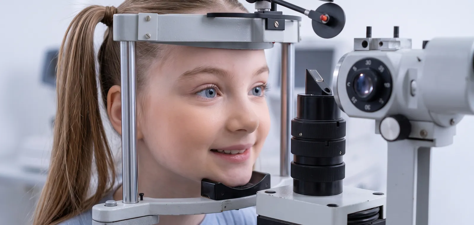 A young girl having her eyes examined at a slit lamp