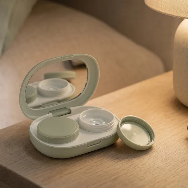 An orthokeratology lens case and lens on a bedside table