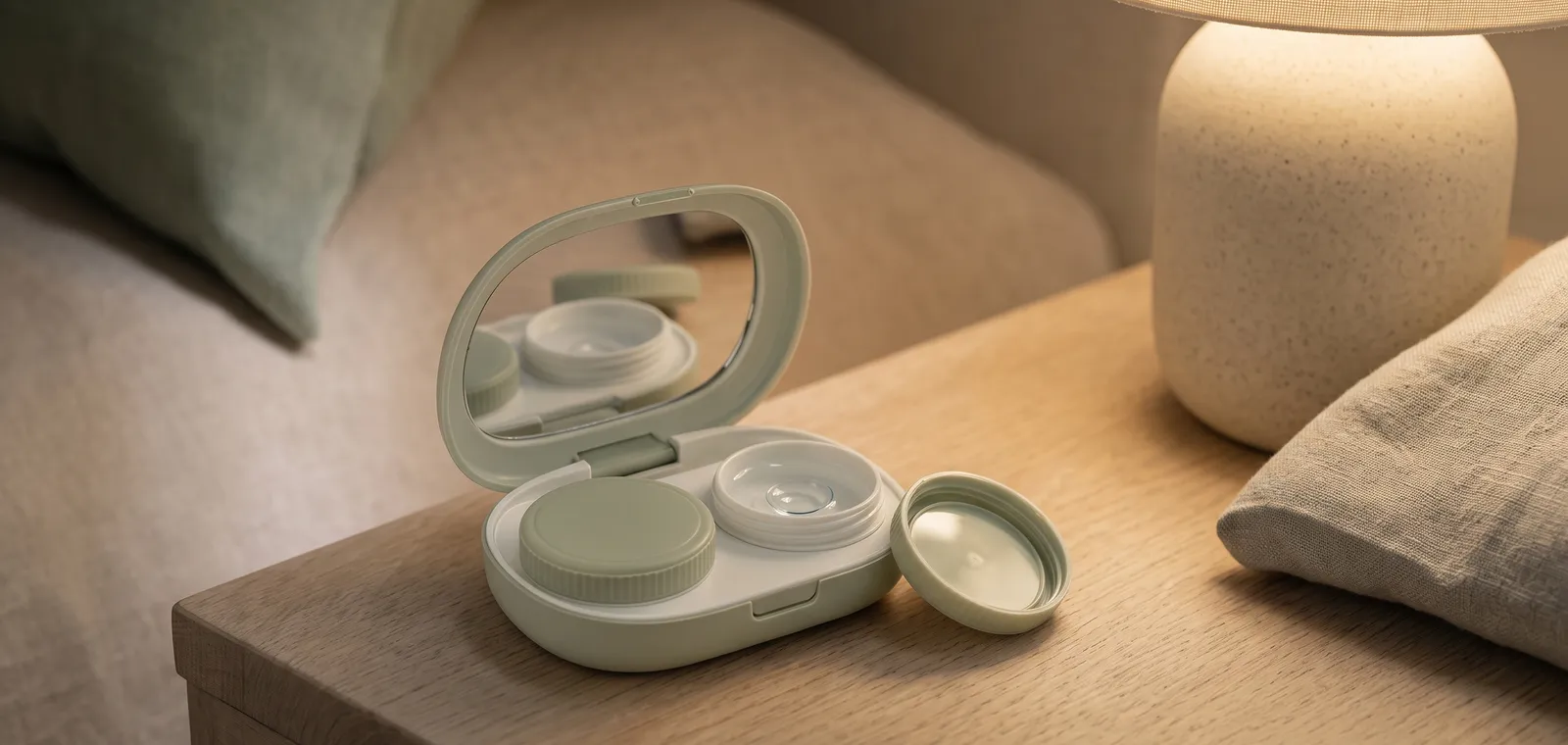 An orthokeratology lens case and lens on a bedside table