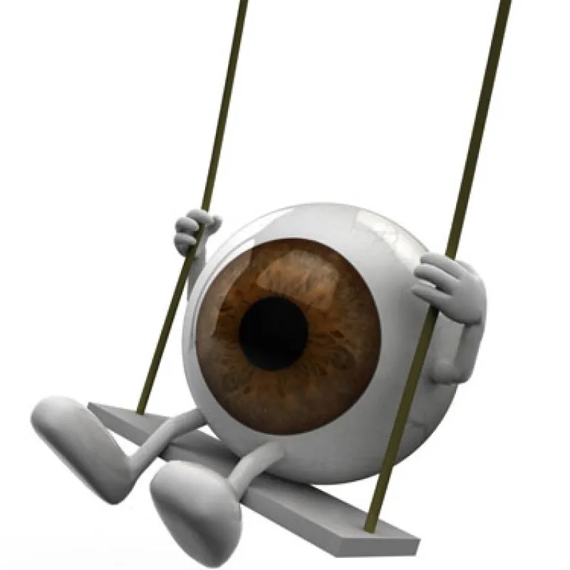 A cartoon eyeball with arms and legs sitting on a swing