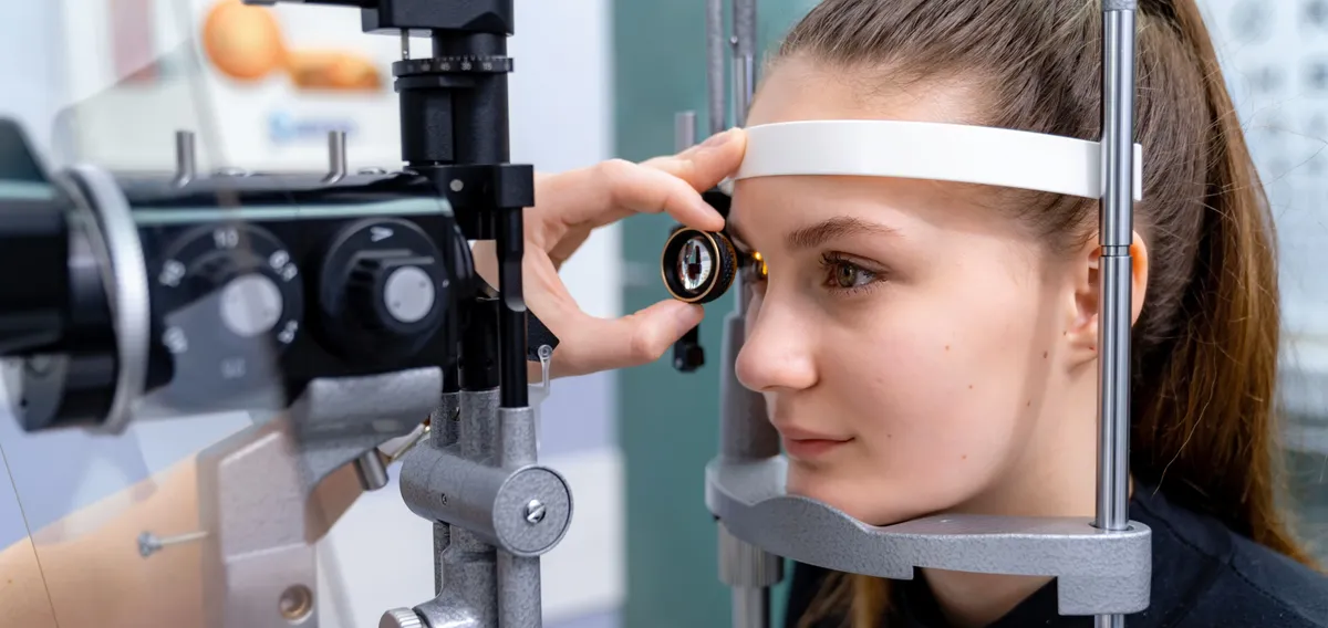 An optometrist examining a patient's eyes with a slit lamp at Outlook Eye Centre