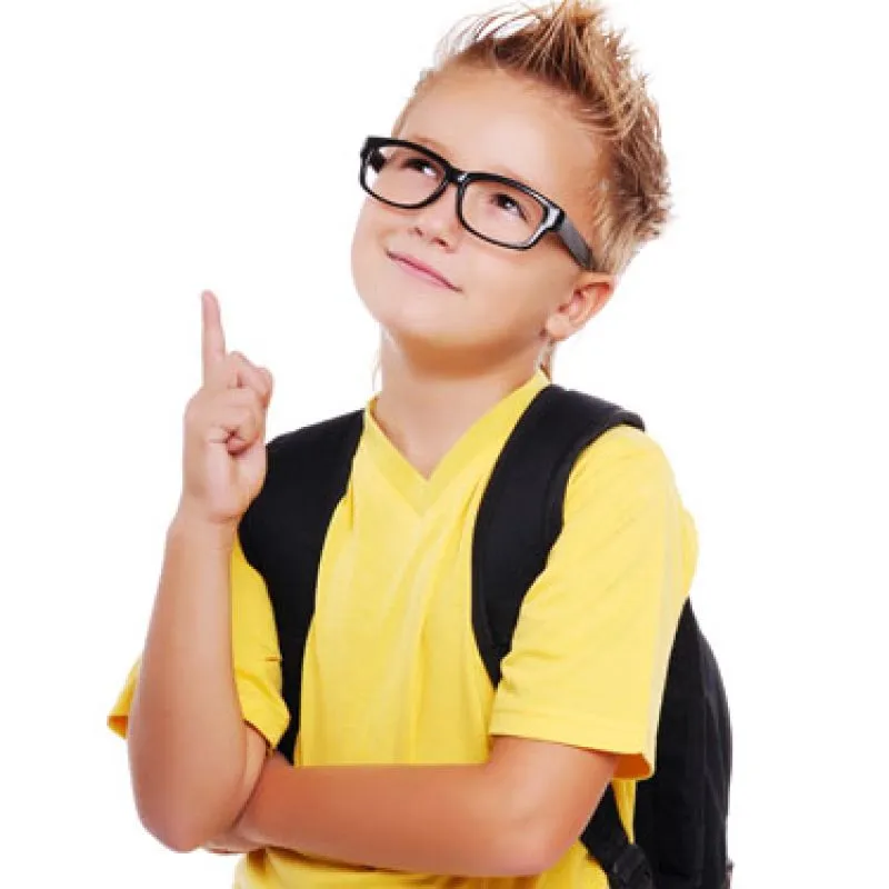 A schoolboy in glasses with a backpack, looking up and pointing