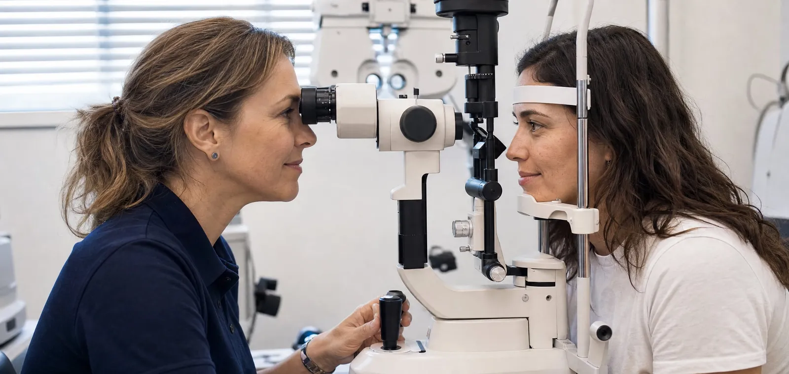An optometrist examining a patient's eye with a slit lamp at Outlook Eye Centre